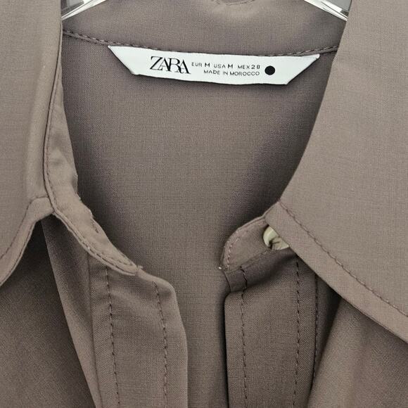 Zara | Blogger Fav Taupe Brown Draped‎ Ruched Front Midi Button-down Dress Sz M - Picture 4 of 12